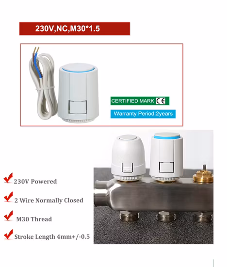 Válvula de calefacción de suelo Nc AC 230V, colector de actuador térmico eléctrico para termostato de calefacción por suelo radiante M30X1.5